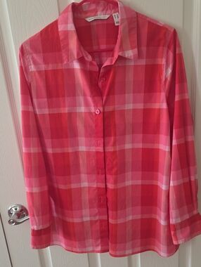 Isaac Mizrahi Madris Pink and Red Plaid Button-Down Shirt
